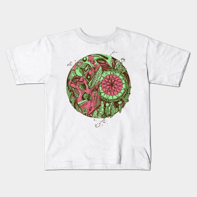 Pink Mint Skull and Dreamcatcher Circle Kids T-Shirt by kenallouis